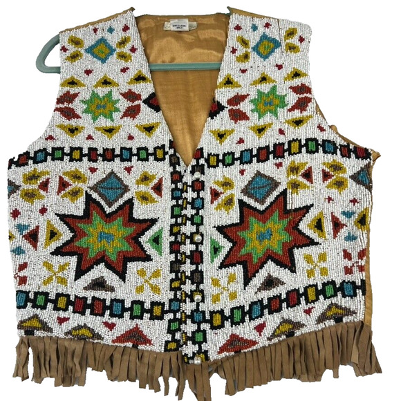 Tribal Jackets & Blazers - Other Destination Vest Womens Medium Aztec Tribal Print Beaded Suede Fringe Silk
